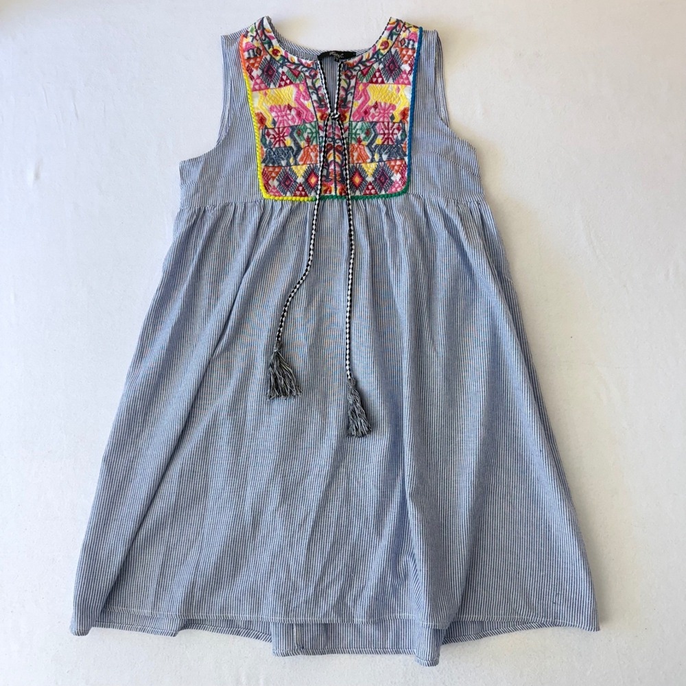 Kate C. Blue Seersucker Striped Embroidered‎ Tassel Mini Dress Small
